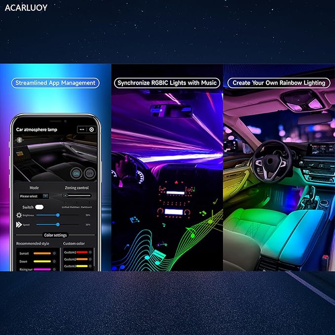 Acrylic Car LED Ambient Light, Fiber Optic Interior Light Strip, 24 Million Types, Ambient Light KKT that Swings with The Melody of Music (RGB Color 10 in 1)