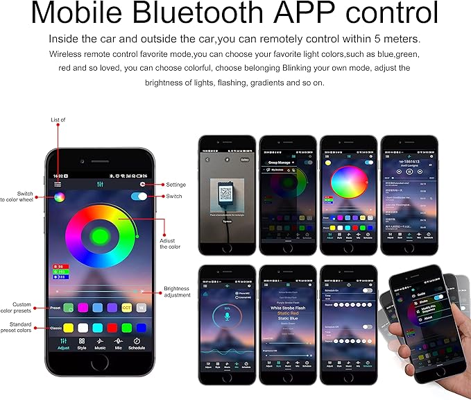 Car Interior Ambient Lighting Optic Fiber RGB 64 Colors Multicoloured Music Car Footwell Lighting Kit with Cigarette Lighter and App Microphone, 12-24V 8m