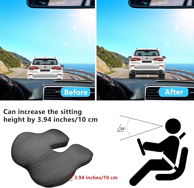 Leather Adult Booster Car Seat Cushion, Effectively Increase Height by 3.96 inch, Dense Memory Foam for Hip Tailbone Coccyx Sciatica Seat Cushion Donut Pillow Seat Cushion for Hemorrhoid (Brown)
