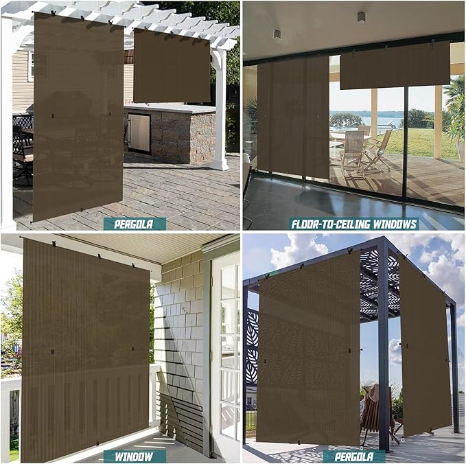 Bynbbur 7'W x 8.5'H Outdoor Patio Shades Foldable Roller Blinds, 220 GSM Sun Shade Roll Up Porch Screens Exterior Shade Cloth for Deck Pergola Backyard, Brown