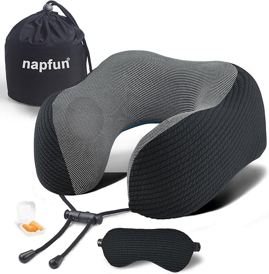 napfun Neck Pillow for Traveling, Upgraded Travel Neck Pillow for Airplane 100% Pure Memory Foam Travel Pillow for Flight Headrest Sleep, Portable Plane Accessories, Black Striped Kit
