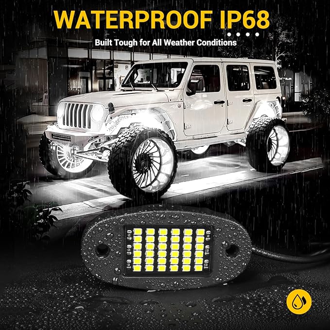 Hovano 8 Pods White Rock Light Kit with Wired Switch - 6500K Pure White LED Underglow, IP68 Waterproof, Super Bright 36 LEDs for Trailer Off Road SUV UTV ATV RZR Car