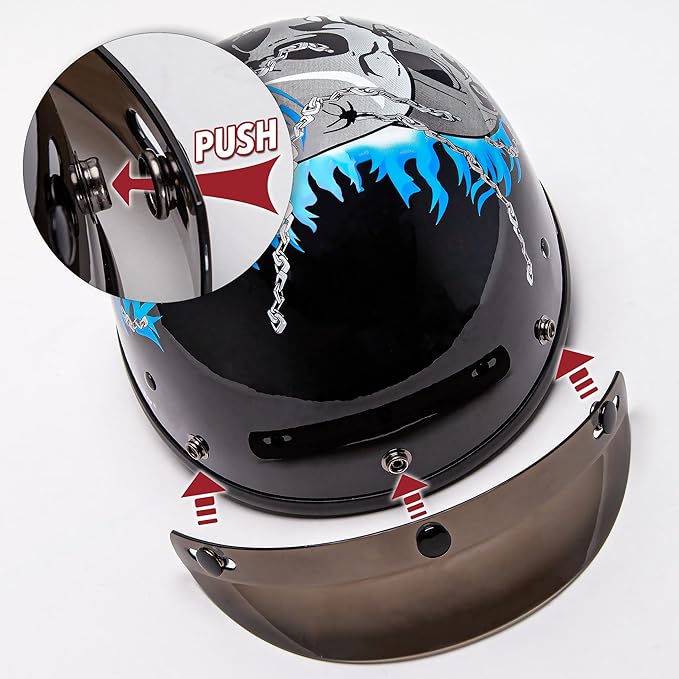 Cartman Cruiser Scooter Motorcycle Half Face Helmet, Blue Skull Graphics, DOT Approved for Bike Scooter ATV UTV Chopper, X-Large