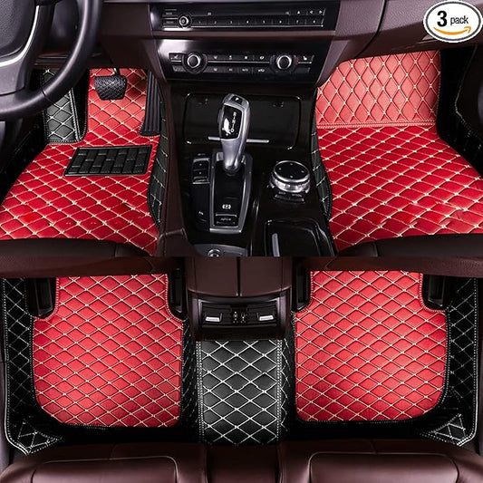 Custom Fit Car Floor Mats - Full Coverage Automotive Leather Floor Liners for Most Vehicles by MingyunSM (red & Black)