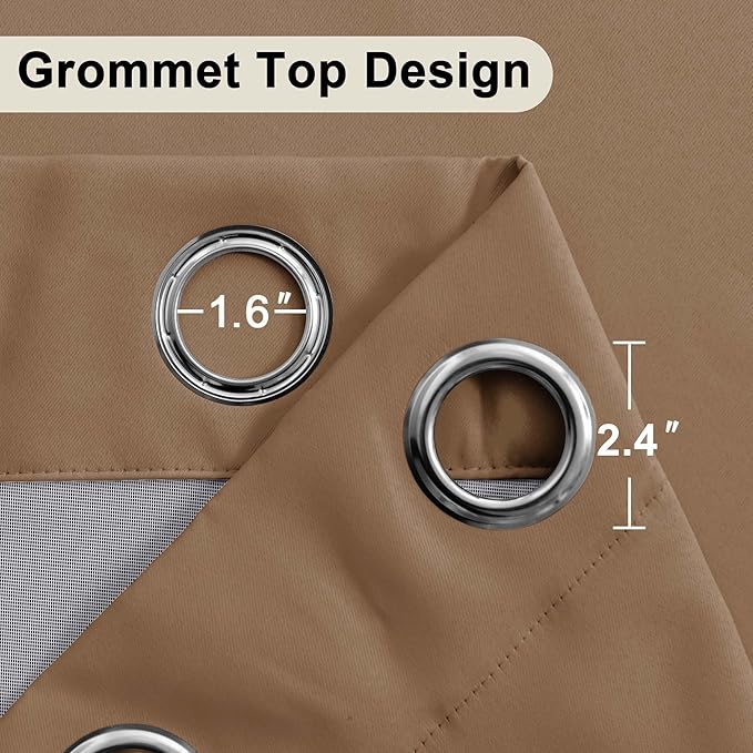 XWZO Complete Blackout Shades Window Curtain Panels with Tiebacks- Noise Reduction and Light Blocking Grommet Curtains with Black Liner for Studio/Living Room, Cappuccino, W70 x L84, Set of 2