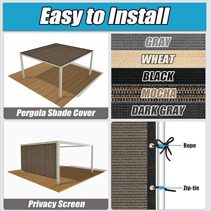 Amagenix 90% Shade Fabric 10'X 23' Mocha Sun Shade Cloth with Grommets for Pergola Replacement Shade Cover Canopy, Heavy Duty, Cable Zip Ties Included (We Customized)