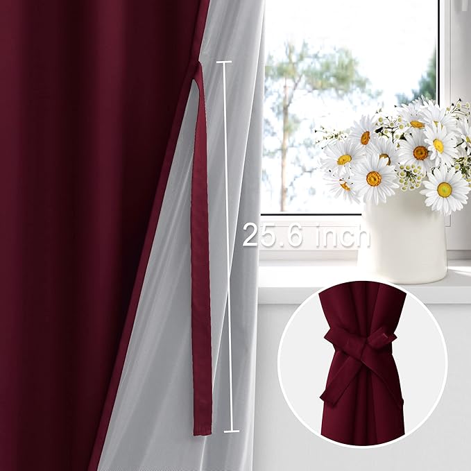 XWZO 100% Blackout Window Curtains- Thermal Insulated & Noise Reduction Black Liner Ring Top Window Treatment Sewn with Tiebacks for Bedroom/Living Room, Burgundy, W38 x L45, Set of 2