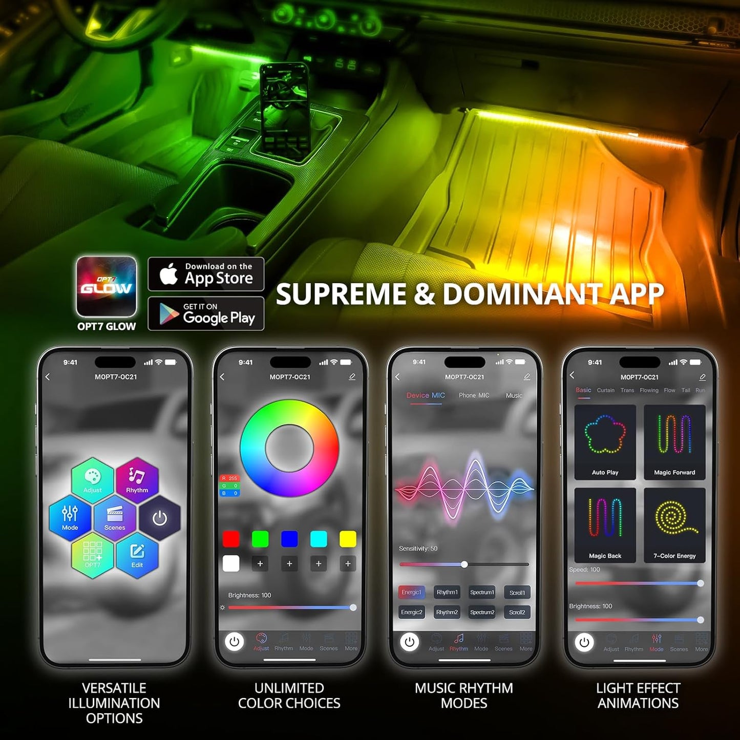 OPT7 Aura DreamColor RGB-IC Car Interior Ambient Light, 6PC Double Row LED Strips, Color Chasing Light Kit w/APP & Remote Control, Universal for Vehicles SUV Trucks Pickups Van