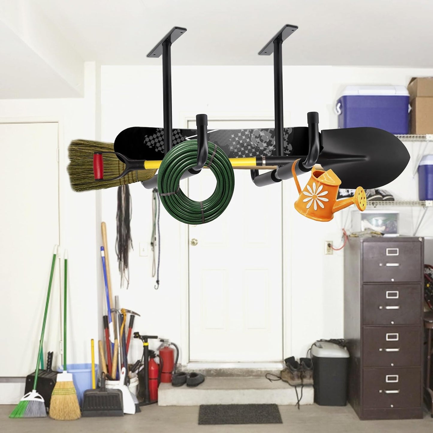 Sinoer Garage Storage Hooks Rack Ceiling,Wall Mounted Hooks, Heavy Duty Utility Hanger for Ladder,Hose Pipe,Wood, Tools & Other Bulky Items (2 Pack, Black)