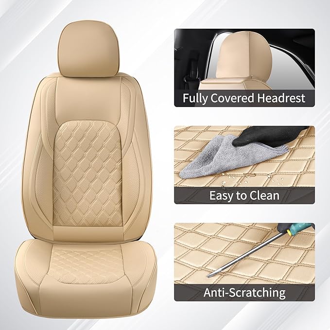 Huidasource Tacoma Front Leather Seat Covers, Car Seat Cushion Cover Fit for 3rd Gen Toyota Tacoma 2016-2023 SR SR5 Limited TRD Sport/Pro/Off Road All Cab Front Row (Front Pair/Beige)