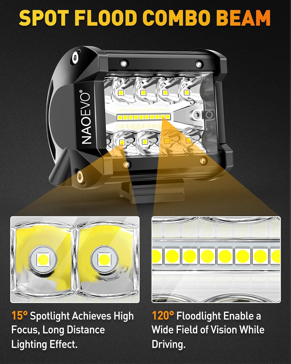 NAOEVO 4 Inch LED Pod Lights, 360W 36,000LM LED Fog/Driving/Off Road Lights with Spot Flood Combo, Cube Pods for Truck Boat ATV UTV Pickup, 6 Pcs (White)