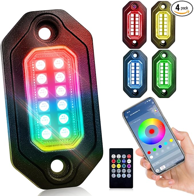 RGB LED Rock Lights Kit, 4 pods Multicolor Neon Light with Bluetooth App/Remote Control Flashing Music Mode, Aluminum Metal, IP68 Waterproof, 12v for Truck ATV UTV SUV