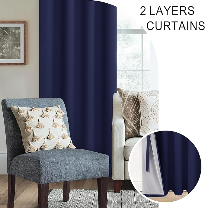 XWZO 100% Blackout Curtains 2 Panels with Tiebacks- Heat and Full Light Blocking Window Panels with Grommets for Bedroom, 84 Inches Long Thermal Insulated Draperies, Navy Blue, W70 x L84, Set of 2