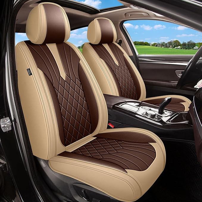 Breathable Car Seat Covers for Nissan Maxima 2011-2025 2026, Front Seats, Perforated Leather, Seat Protector, Interior Trim for Nissan Maxima Accessories (Beige&Brown)