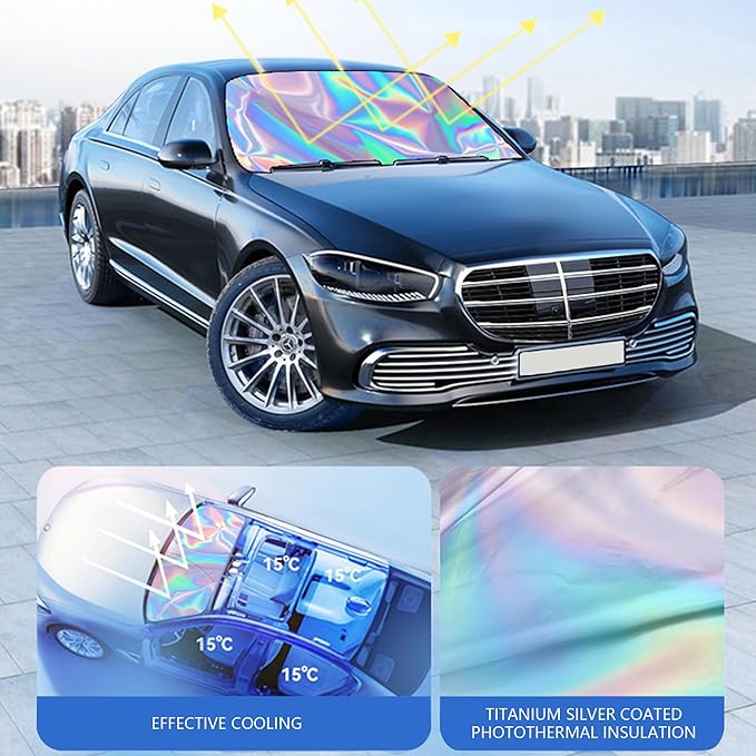 Sunshade Car Front Windshield Laser Titanium Silver Sun Shade Iridescent Cars Sunshade Foldable Sun Shield Cover Block UV Rays, Car Light Blocking Curtain Suitable for Most Cars Medium 55.9 x 29 in