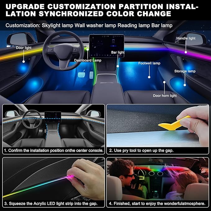 Dreamcolor Acrylic Interior Car LED Strip Light with USB/Type C, RGB 2 in 1 with 86.6 inches LED Strip, Dynamic Chasing Music Sync Neon Ambient Lighting Kits
