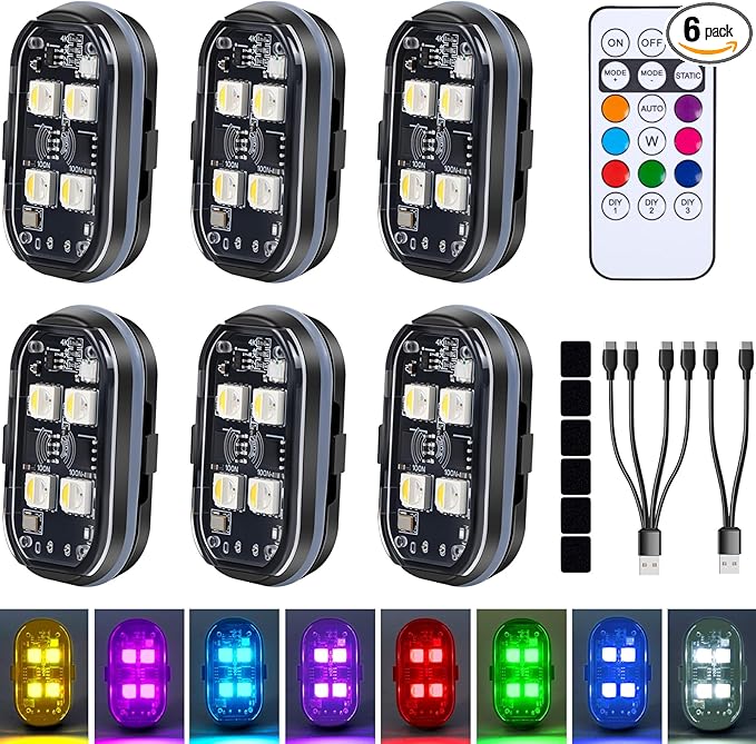 Upgraded 4LEDs 6PCS Wireless LED Strobe Lights with Remote Control, 8 Colors Type-C Rechargeable Led Lights Anti Collision Warning Light for Car Motorcycle Bike Drone Aircraft