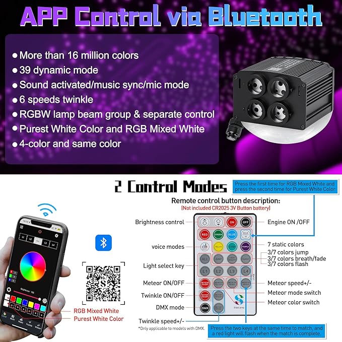 4 Colors 32W Twinkle Starlight Headliner Kit for Car Home with APP&RF Remote,RGBW 600pcs*0.03in*13.1ft Cables Fiber Optic Star Sky Roof Lights,4 Port Engine Sound Activated Car Ceiling Star Lights