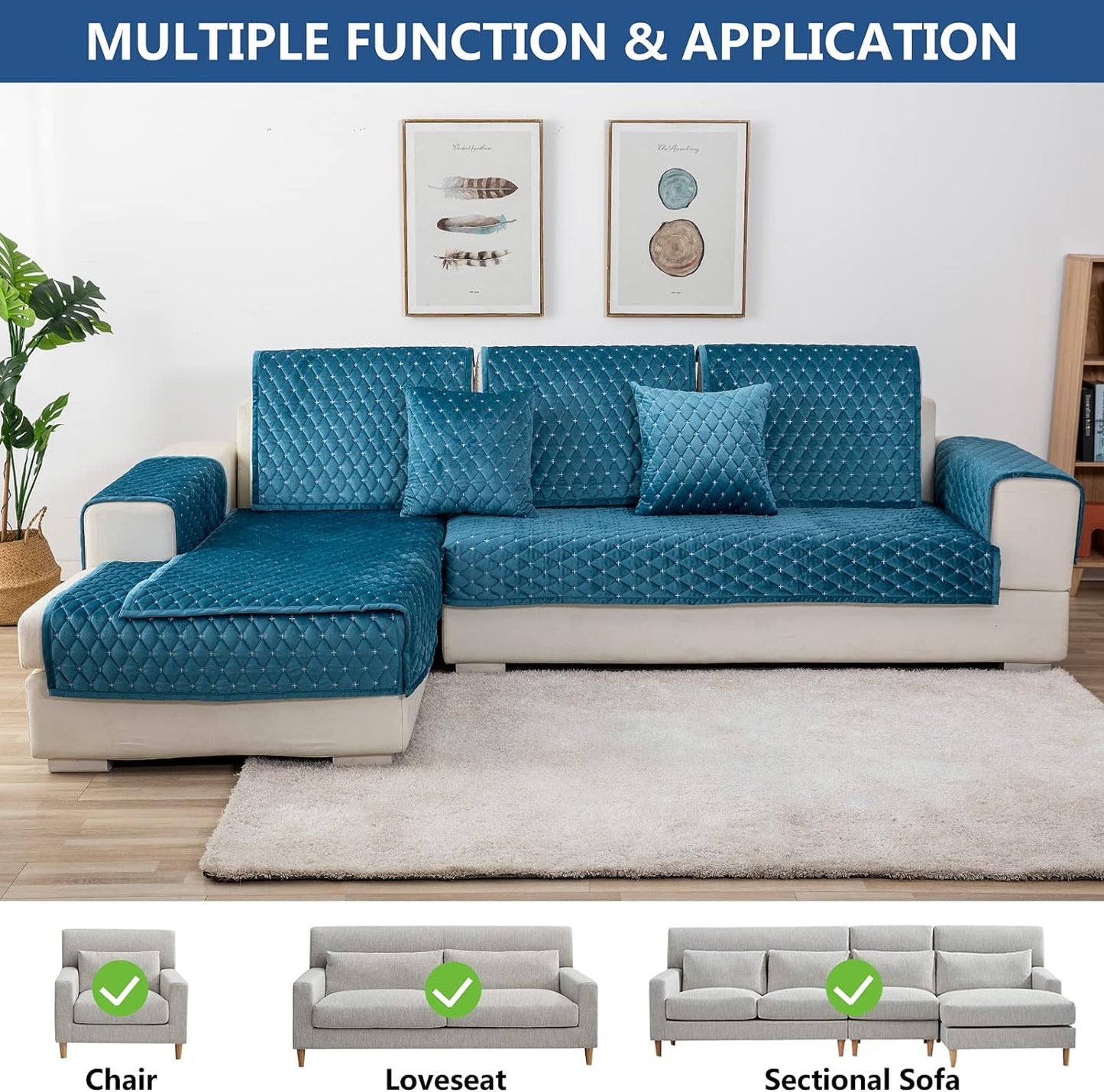 Eismodra Couch Cover,Sectional Couch Covers,Sofa Covers for 3 Cushion Couch,Anti-Slip Sofa Slipcovers for Dogs Cats Kids Loveseat Recliner L Shaped Armrest Backrest,Blue 43''x82''(Only 1 Piece)