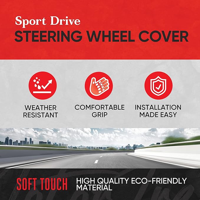 Motor Trend GripDrive Faux Black Leather Steering Wheel Cover for Car Truck Van SUV, Small 14 inch Size, Red Accent Stitched Car Steering Wheel Cover Vehicle & Auto Accessories