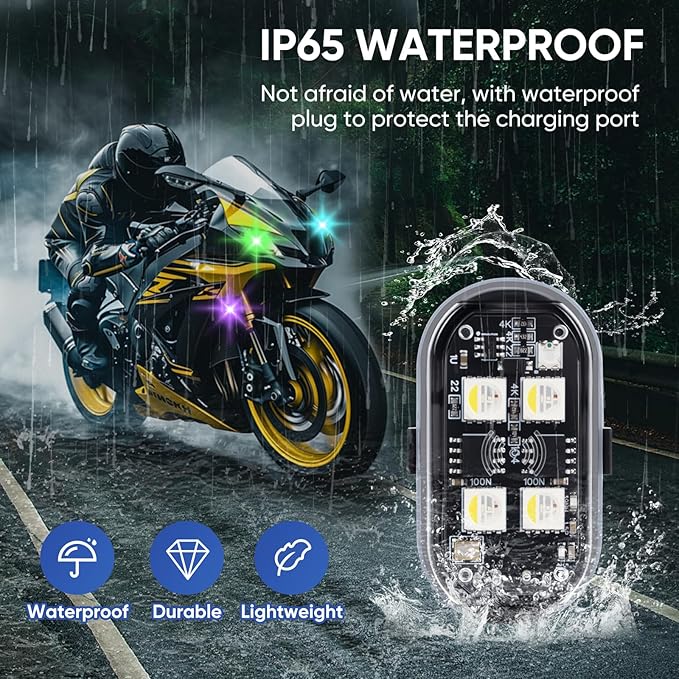 Upgraded 4LEDs 6PCS Wireless LED Strobe Lights with Remote Control, 8 Colors Type-C Rechargeable Led Lights Anti Collision Warning Light for Car Motorcycle Bike Drone Aircraft