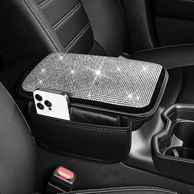 Bling Center Console Cover Fit for Toyota Corolla Cross with 2 Storage Bags Fully Diamond-Studded Style Center Console Armrest Cover with Total Protection(Silver Diamond)