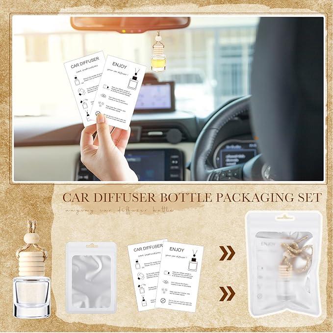 Boao 50 Sets Hanging Car Air Freshener Diffuser Bottles with Instruction Card and 4 x 6'' Resealable Holographic Bag for Empty Car Essential Oil Perfume Bottles Packaging (Cylinder)
