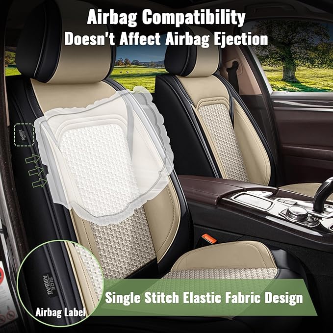Car Seat Covers fit for Acura TL 2004-2014, 5 Seats Full Set Breathable Cooling Ice Silk Leather Car Seat Covers, Vehicle Seat Protector Seat Cushion Automotive Accessories (Black&Beige)