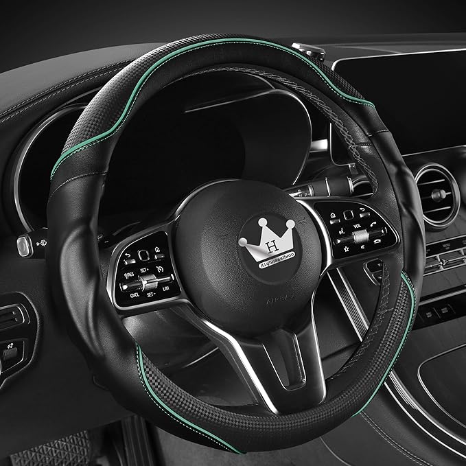 3D Car Steering Wheel Cover Comfort Grip Massage Sporty Anti-Slip Carbon Fiber Faux Leather for Sedan SUV, Universal Fit, Car Handle Covers for All Seasons, 14.75-15.15in, Green