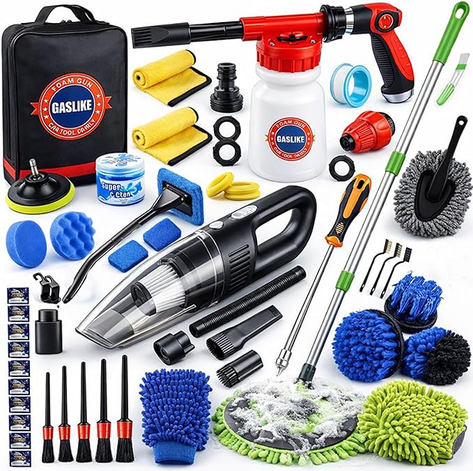 GASLIKE 63PCS Car Wash Cleaning Kit,Car Wash Brush with Long Handle,Car Detailing Kit with Foam Gun,Car Cleaning Supplies,Handheld Vacuum, Car Detailing Kit (63PCS)