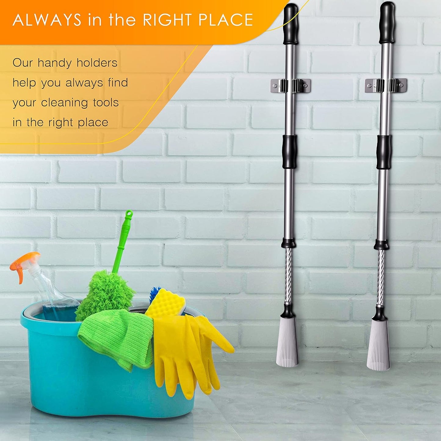 Self Adhesive Broom and Mop Holder Wall Mounted – SUS304 Stainless Steel 2-Slot Organizer with Anti-Slip Rubber Grips, 25lb Load, Adjustable for 0.6–1.4" Handles, Garage Kitchen Bathroom Use, 6 Pcs