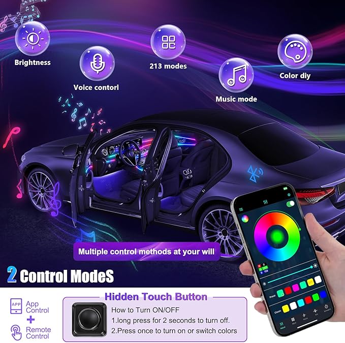 Dreamcolor Acrylic Interior Car LED Strip Light with Wireless APP, RGB 22 in 1 with 175 inches 600 LEDs Fiber Optic Car Ambient Lighting Kits, Music Sync Function Neon LED Strip for Car Accessories