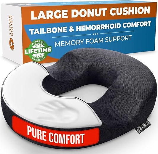 5 STARS UNITED Donut Pillow Hemorrhoid Tailbone Cushion – Large Floor Cushion for Pain Relief – Coccyx, Prostate, Sciatica, Pelvic Floor, Pressure Sores, Pregnancy, Postpartum Recovery, Black