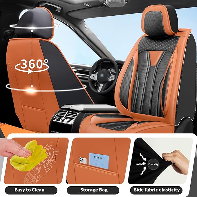 Fit Rogue Car Seat Covers Compatible with Nissan Rogue 2011-2025 2026 - Full Set Premium Leather， Waterproof Breathable， All-Weather Seat Cushion Protecto&Airbag Compatible （Orange&Black