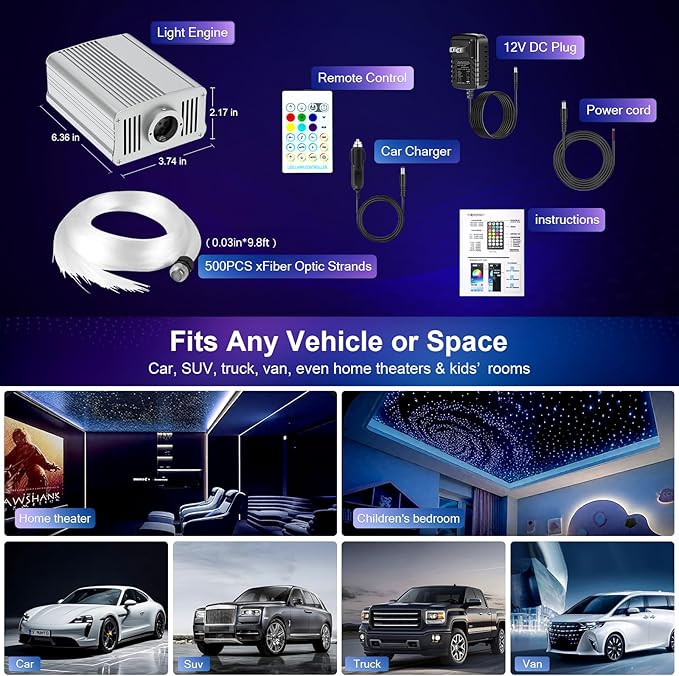 VASTFIRE Starlight Headliner Kit - 500pcs 0.03in 9.8ft Fiber Optic Star Lights for Car with 16W RGBW, Twinkle & Music Sync, APP/Remote Control for Car Roof/Bedroom Ceiling