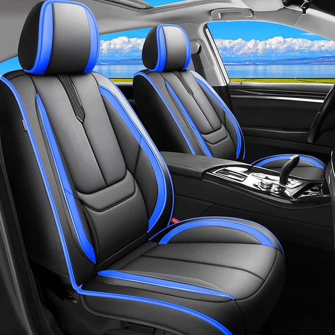 Fit Yaris Car Seat Covers for Toyota Yaris 2008-2018 2019 2020-Upgraded Premium Waterproof & Breathable Leather,Airbag Compatible,All-Weather Seat Cushion Protector,Full Set,Black-Blue