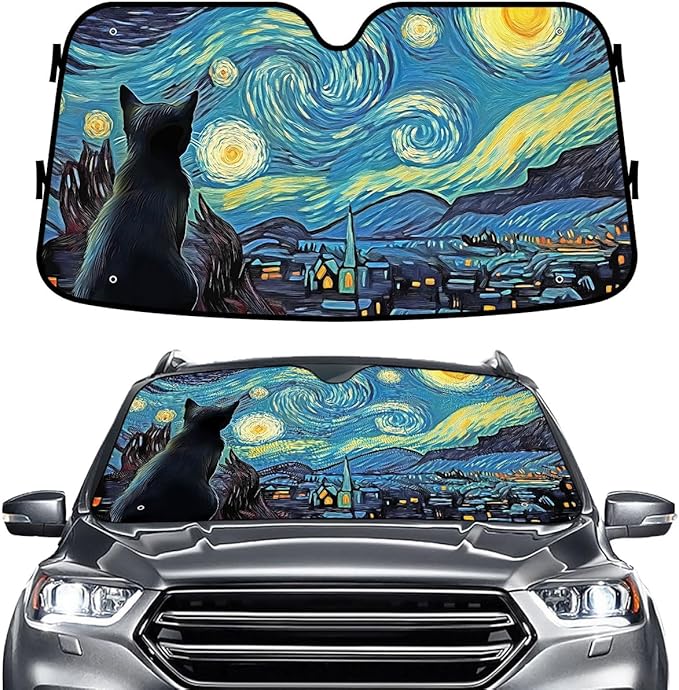 GENANY Cat Starry Night Windshield Sun Shade for Car SUV Truck (69x35 Inches), Sun Shade Windshield, Shades for Front Windows, Protector Blocks UV, Car Decor