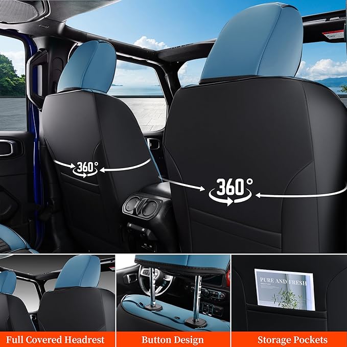 Coverado Wrangler JK Seat Covers 2 Door for Jeep, Waterproof Leather Car Seat Cover for Jeep Wrangler Vehicle Truck Accessories Custom Fit for 2008-2012 Jeep Wrangler Seat Covers Full Coverage(Blue)
