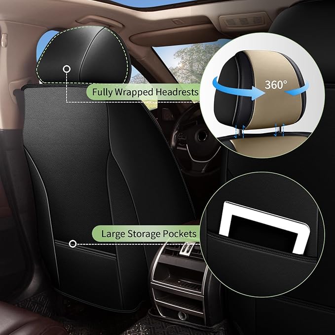 Car Seat Covers Front Seats for Nissan Rogue 2010-2023 2025 2026 - Cooling Ice Silk Leather Seat Cover - Ventilated 2 Seats Vehicle Seat Cushion Protector Automotive Accessories (Black&Beige)