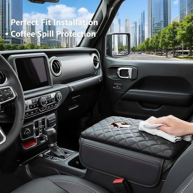 Center Console Cover with Pocket for Jeep Wrangler JL 2018-2025 Armrest Cover Leather Arm Rest Pad with Pockets Middle Console Lid for Wrangler JL JLU&Gladiator JT2018-2025 Accessories（Black）