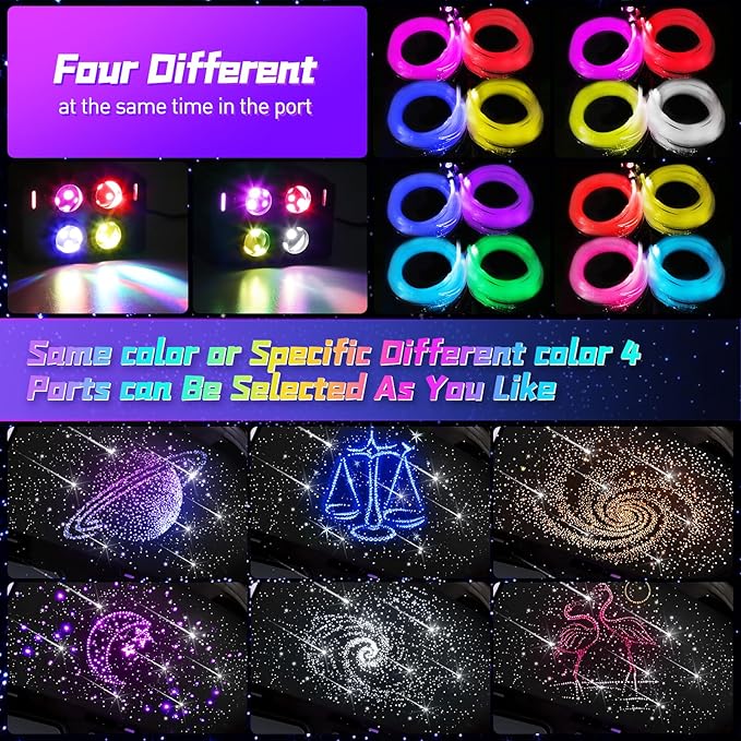 Car Starlight Headliner Kit, 4 Colors 32W Twinkle & Meteor Fiber Optic Ceiling Lights, 2 in 1 Light Engine 500pcs*0.03in*13.1ft+240 RGBW Shooting Stars Lights for Car Home Roof Décor