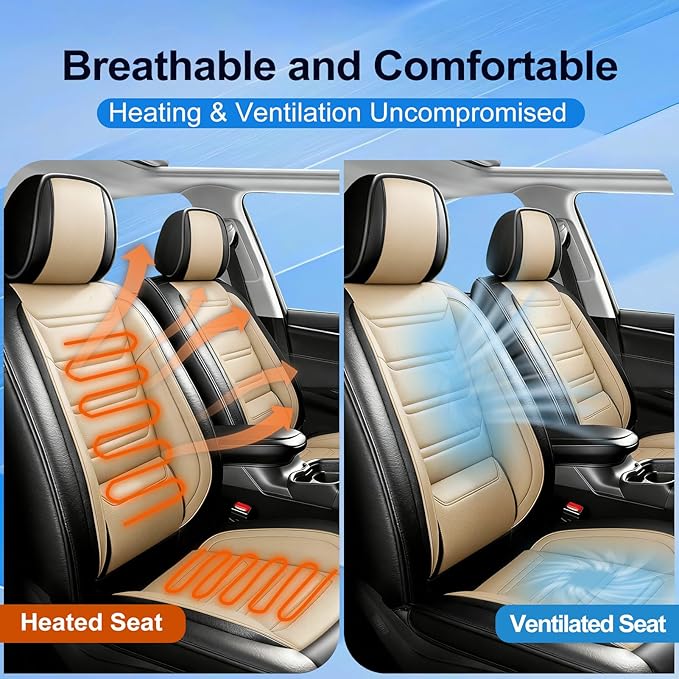 Fit Malibu Car Seat Covers for Chevrolet/Chevy Malibu 2009-2025, Full Coverage Leather, Airbag Compatible, Waterproof All Weather Breathable Seat Cushion Protector, Full Set, Black+Beige