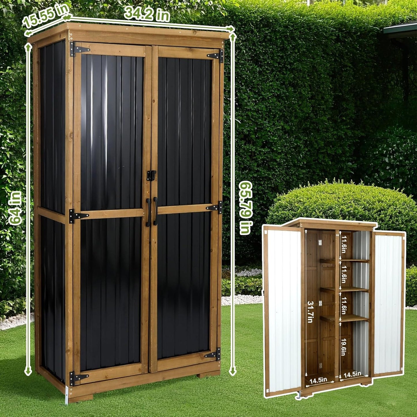 Outdoor Storage Cabinet Weatherproof,Wood & Metal Storage Shed with Adjustable Shelves & Lockable Doors,Vertical Outdoor Cabinets for Backyard Patio, Gardening Tools and Accessories,Brown