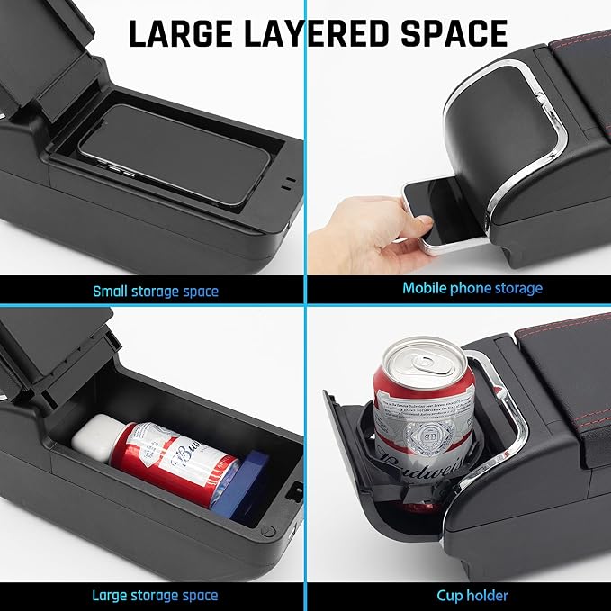 YJYWZH Armrest Box for Nissan Almera Versa 2020-2024 Car Center Storage Box Hand Centre Consoles Cup Holder Arm Rest Double-Layer Black Accessories