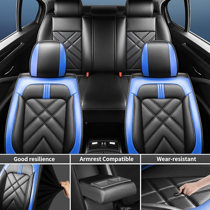 CX-90 Car Seat Covers Custom Fit for Mazda CX-90 2007-2026, Full Coverage Premium Leather Waterproof Breathable Seat Covers, Automotive Seat Protectors, Airbag Compatible(5 Seats, Black-Blue)