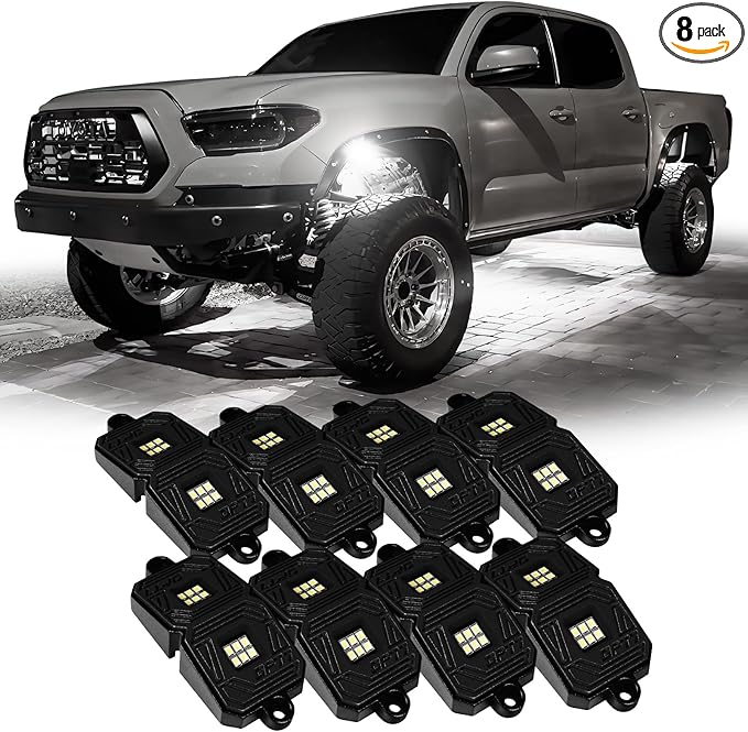 OPT7 Photon Pure White LED Magnetic Rock Lights - 8 Pods w/Mahnet Mounts - Wide Angle Underglow Lighting Kit, IP68 Waterproof for Offroad Jeep RZR ATV UTV SUV - Truck Decorations