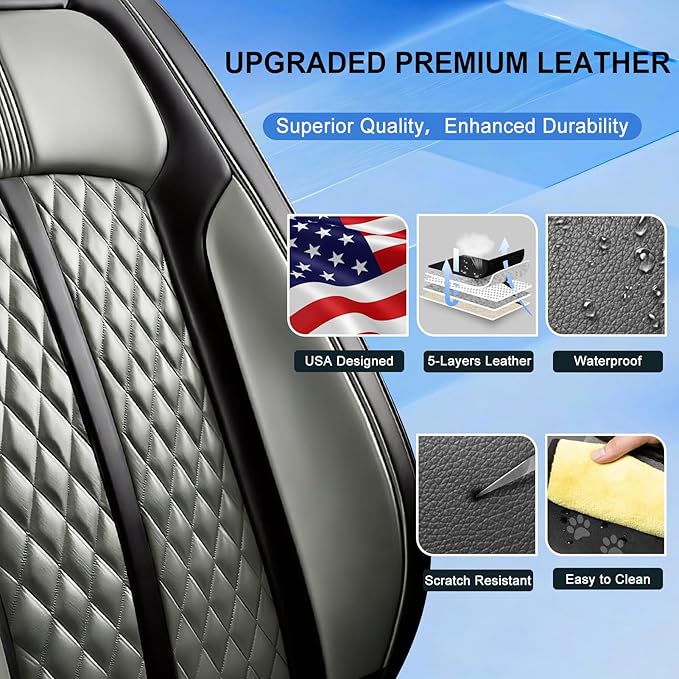 Fit CX-5 Car Seat Covers for Select Mazda CX5 2013-2024 2025 2026 - Premium Full Coverage Leather, Airbag Compatible, Waterproof & All Weather Seat Protector, Front Pair Black+Gray