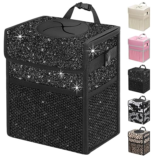 Capolo Car Trash Can with Lid, Leakproof Car Trash Bag Hanging Waterproof Automotive Garbage Can with Storage Pockets Mini Vehicle Trash Bin for Back/Front Seat(Sparkly Black,2.5 Gallon)