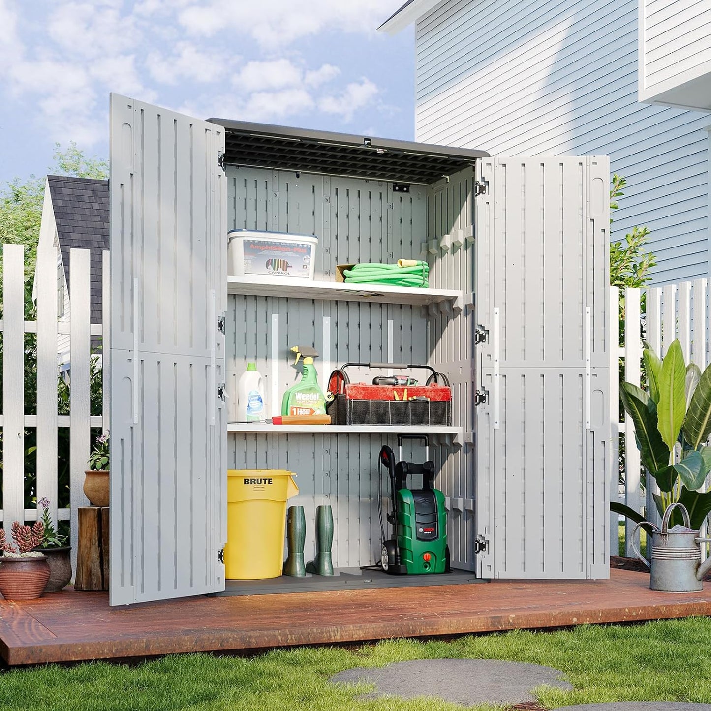 Aoxun White Resin Outdoor Storage Shed with 2 Shelves & Floor, 64 Cu.Ft Vertical Waterproof Cabinet for Garage, Pool, Bike, Garden Tools, Patio Furniture