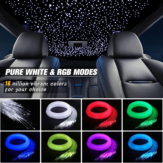 16W Starlight Headliner Kit, Star Lights for Car Roof&Home Decoration, Fiber Cable 500pcs of(0.03+0.04+0.06in)*13.1ft RGBW Star Light Headliner with Bluetooth APP/Remote/Music Mode